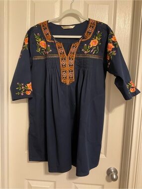 eshakti Navy Tunic Dress with Orange Floral Embroidery